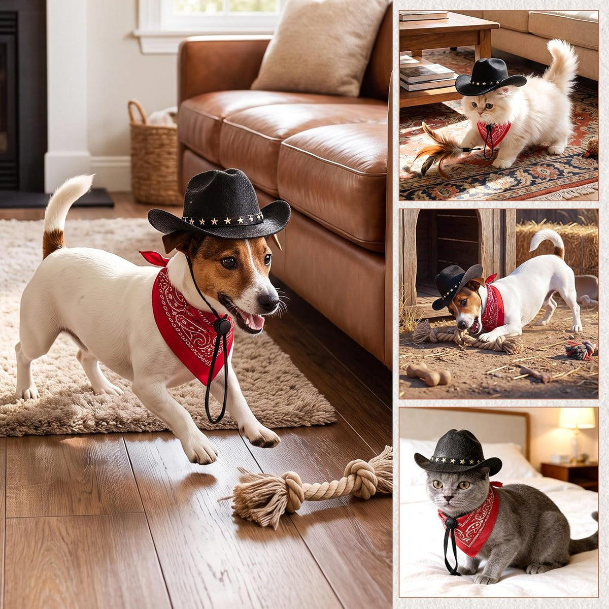 Pet Cowboy Costume, Dog Cowboy Hat with Bandana Scarf, Adjustable Cat Cowboy Hat for Party Cosplay Christmas, Halloween Cowboy Costumes for Small Pet Dogs Cats (Black, Small)