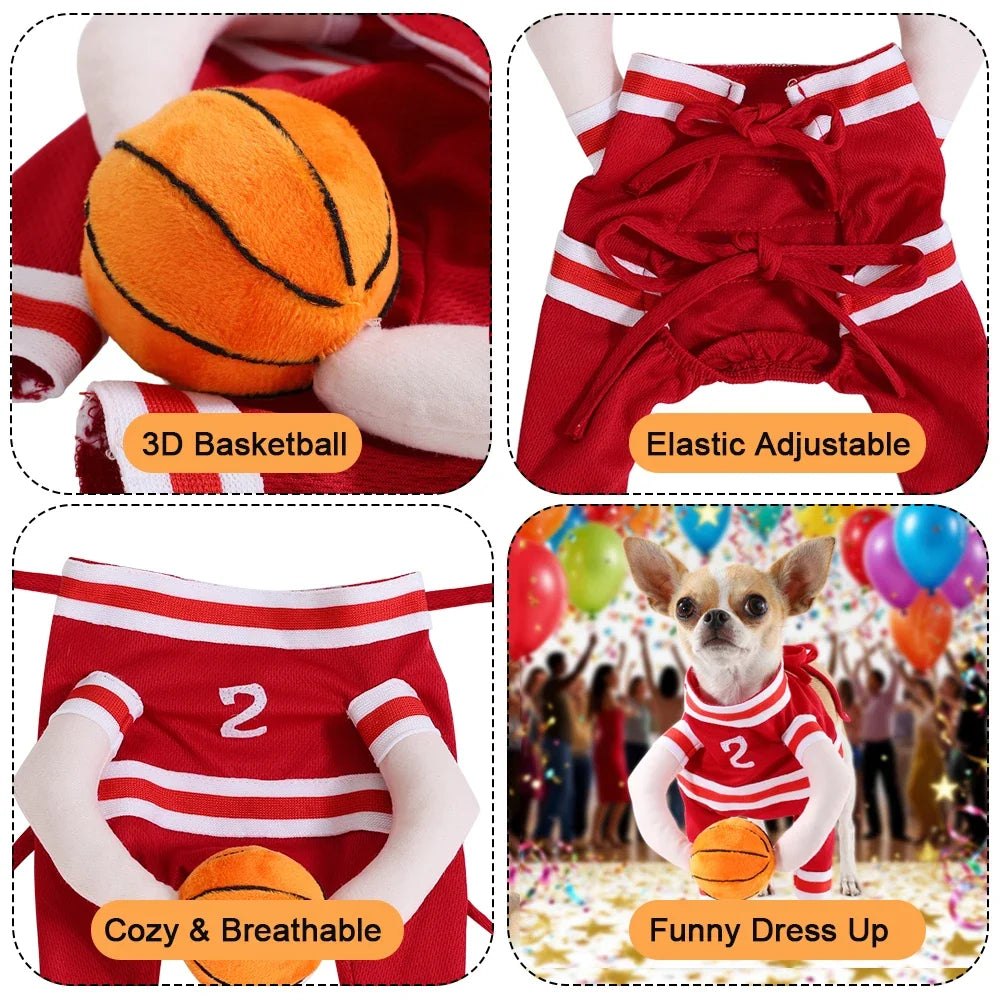 Pet Basketball Player Costume for Dogs & Cats Cute Kitten Sport Clothes with 3D Ball Breathable Adjustable Halloween Cat Outfits