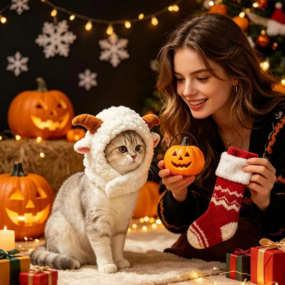 Cat & Dog Winter Hat Cute Warm Knitted Pet Headwear with Ear Holes Washable Puppy Kitten Caps for Halloween Christmas Party