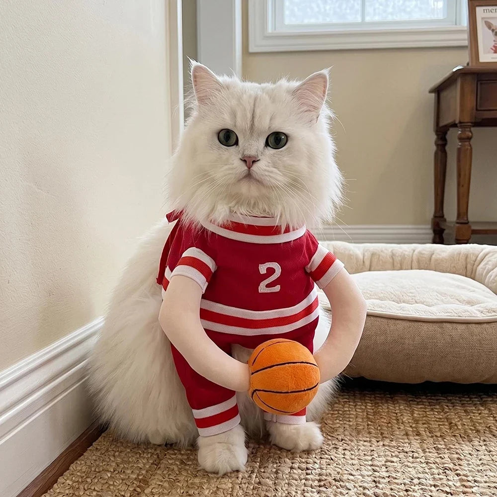 Pet Basketball Player Costume for Dogs & Cats Cute Kitten Sport Clothes with 3D Ball Breathable Adjustable Halloween Cat Outfits