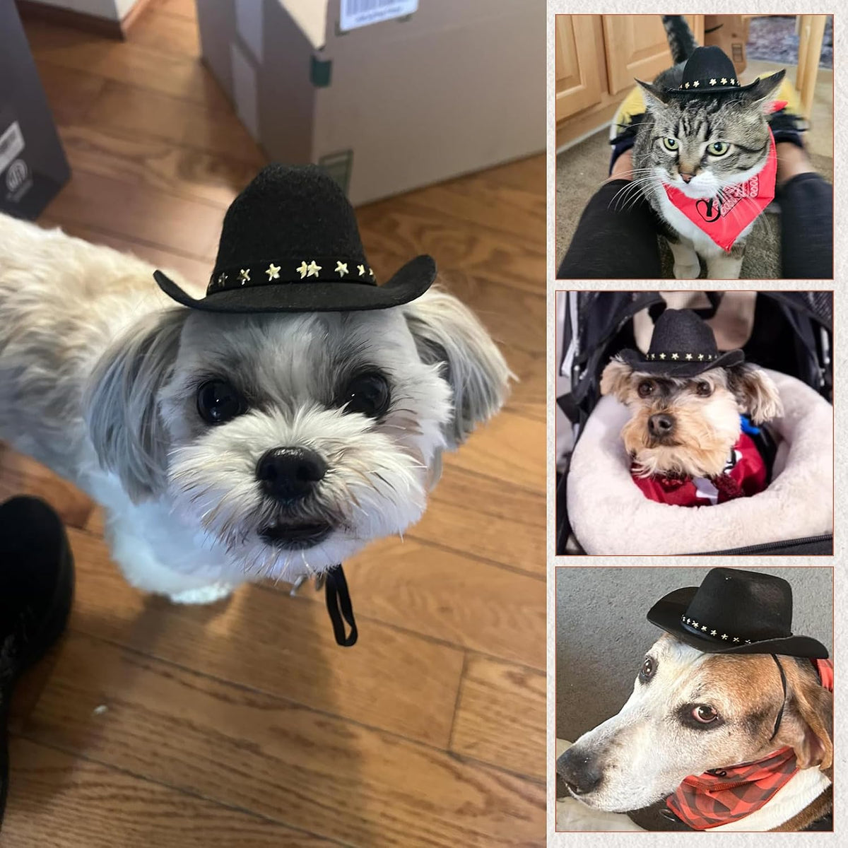 Pet Cowboy Costume, Dog Cowboy Hat with Bandana Scarf, Adjustable Cat Cowboy Hat for Party Cosplay Christmas, Halloween Cowboy Costumes for Small Pet Dogs Cats (Black, Small)