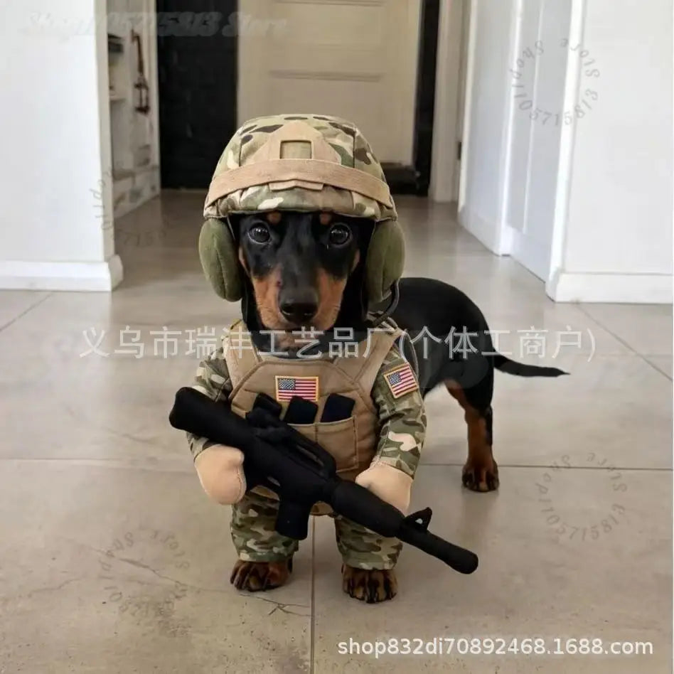Pet Tactical Soldier Uniform, Halloween Pet Soldier Costume,Tactical Dog Harness with Hat,Dog & Cat Funny Clothes Outfit Apparel