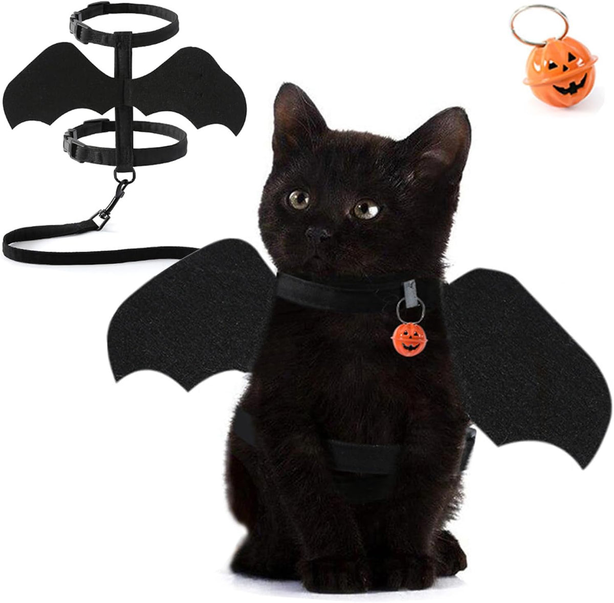 Halloween Bat Wing Pet Harness & Leash Set with Pumpkin Bell, S