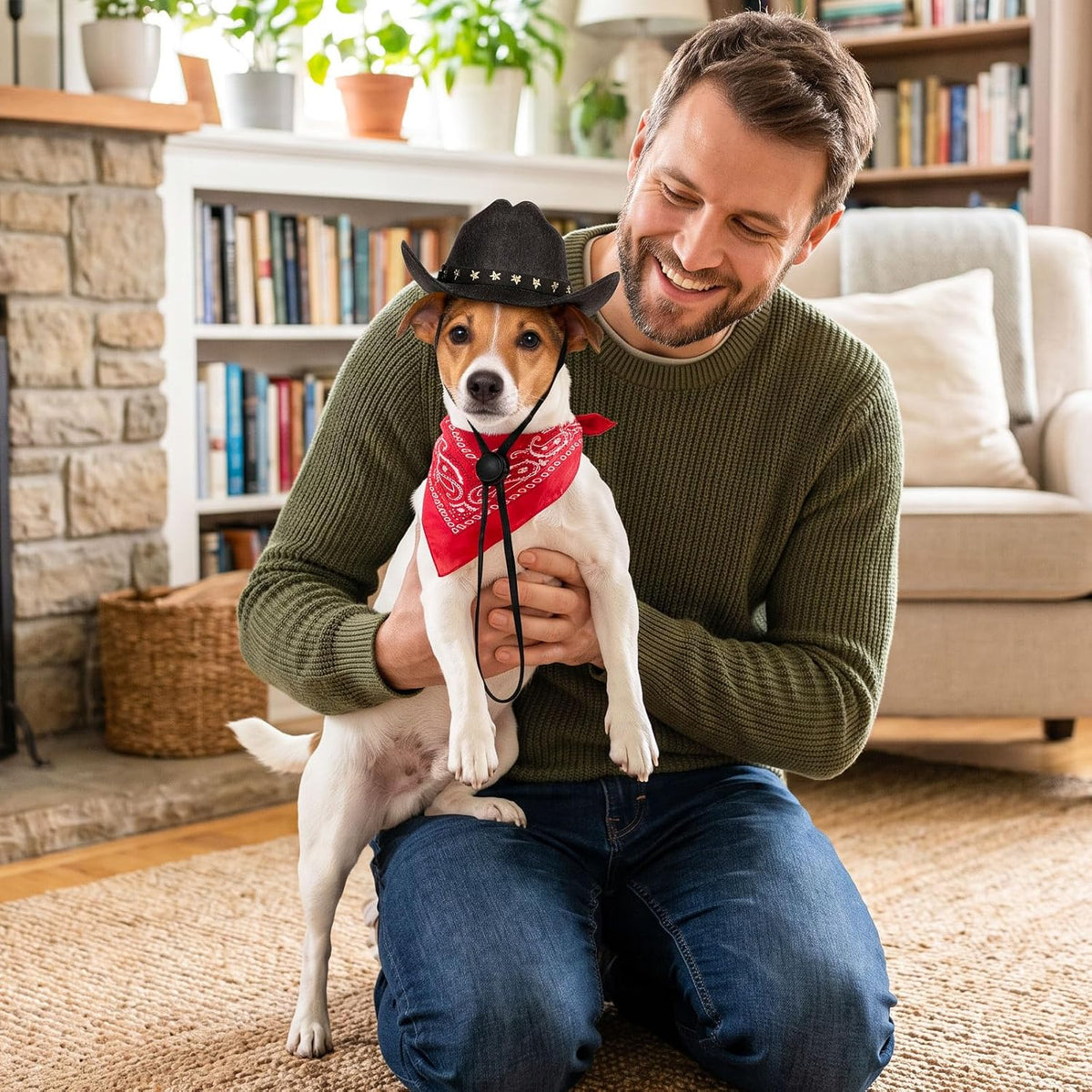 Pet Cowboy Costume, Dog Cowboy Hat with Bandana Scarf, Adjustable Cat Cowboy Hat for Party Cosplay Christmas, Halloween Cowboy Costumes for Small Pet Dogs Cats (Black, Small)