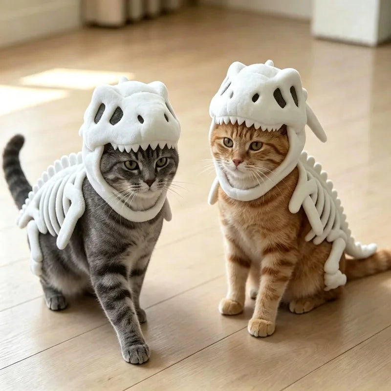 Pet Dinosaur Costume Soft Plush Skeleton Cat Dog Halloween Cosplay Outfit Cute Warm Pet Apparel for Small Medium Pets