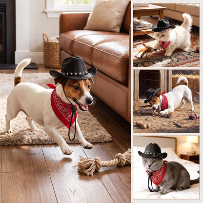 Pet Cowboy Costume, Dog Cowboy Hat with Bandana Scarf, Adjustable Cat Cowboy Hat for Party Cosplay Christmas, Halloween Cowboy Costumes for Small Pet Dogs Cats (Black, Small)