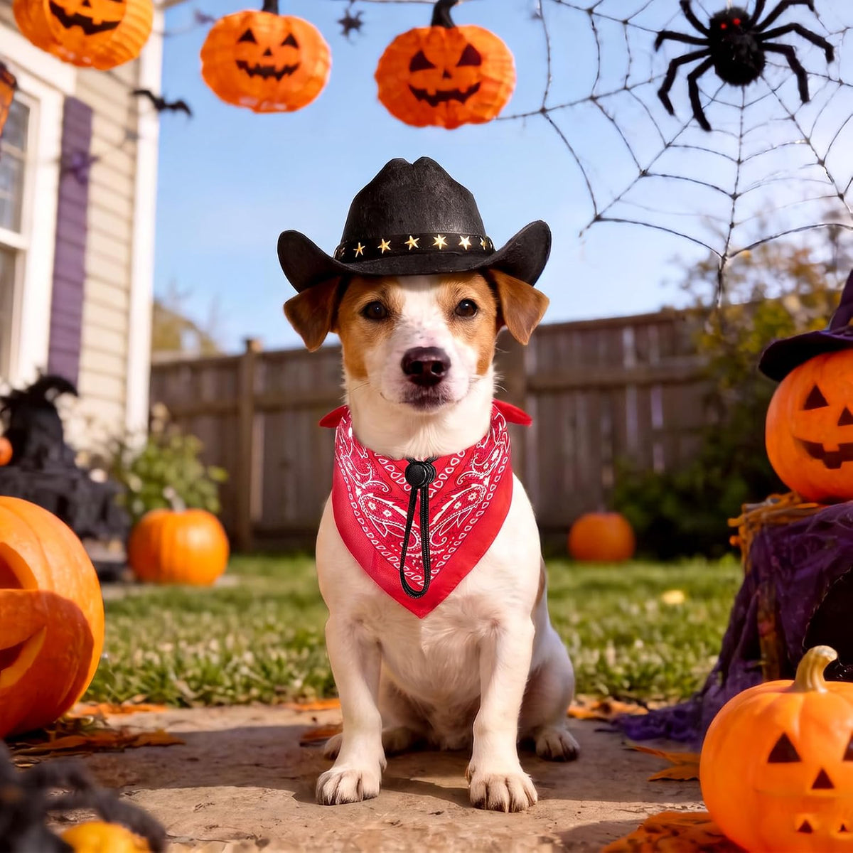 Pet Cowboy Costume, Dog Cowboy Hat with Bandana Scarf, Adjustable Cat Cowboy Hat for Party Cosplay Christmas, Halloween Cowboy Costumes for Small Pet Dogs Cats (Black, Small)