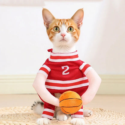 Pet Basketball Player Costume for Dogs & Cats Cute Kitten Sport Clothes with 3D Ball Breathable Adjustable Halloween Cat Outfits
