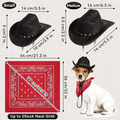Pet Cowboy Costume, Dog Cowboy Hat with Bandana Scarf, Adjustable Cat Cowboy Hat for Party Cosplay Christmas, Halloween Cowboy Costumes for Small Pet Dogs Cats (Black, Small)