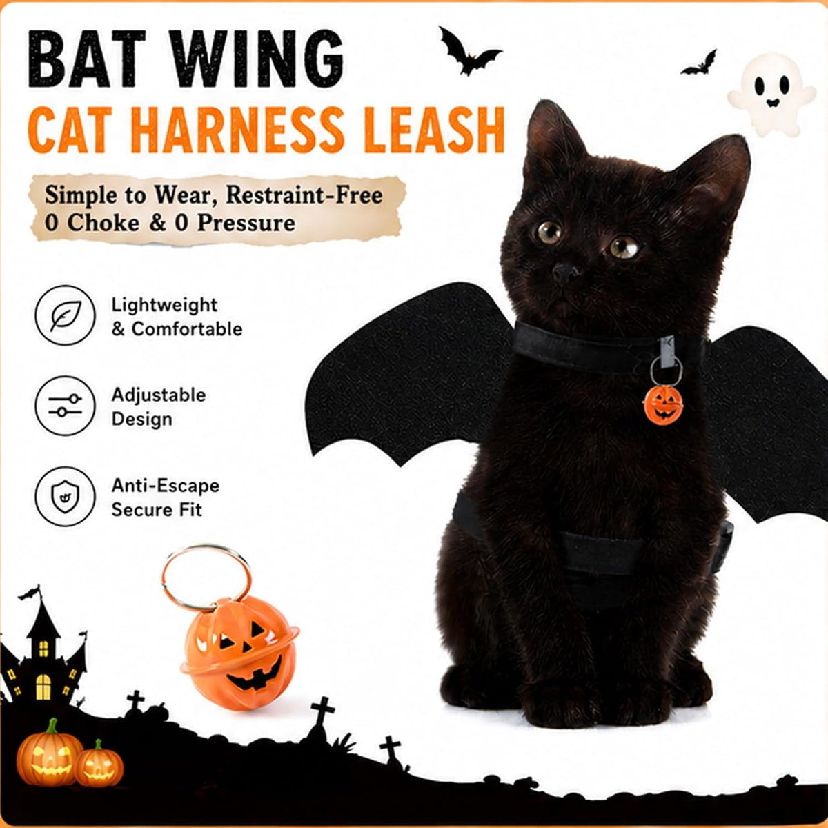 Halloween Bat Wing Pet Harness & Leash Set with Pumpkin Bell, S
