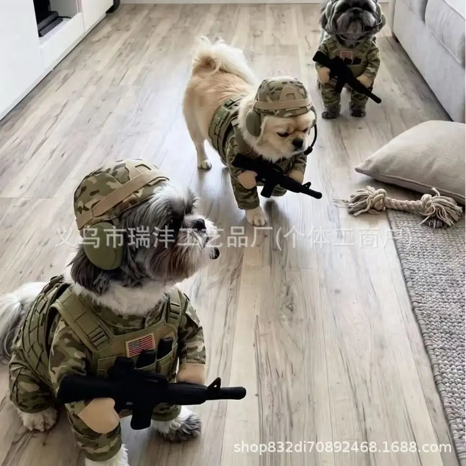 Pet Tactical Soldier Uniform, Halloween Pet Soldier Costume,Tactical Dog Harness with Hat,Dog & Cat Funny Clothes Outfit Apparel