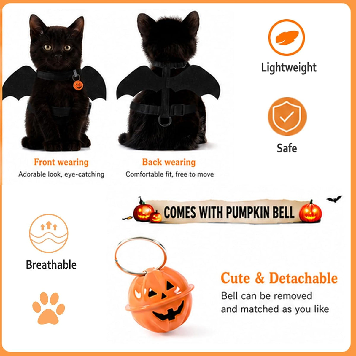 Halloween Bat Wing Pet Harness & Leash Set with Pumpkin Bell, S
