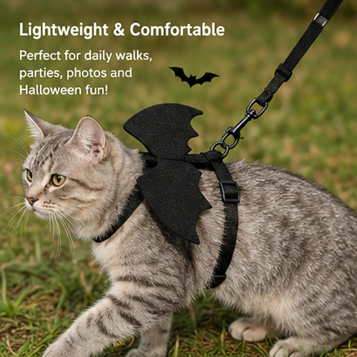 Halloween Bat Wing Pet Harness & Leash Set with Pumpkin Bell, S