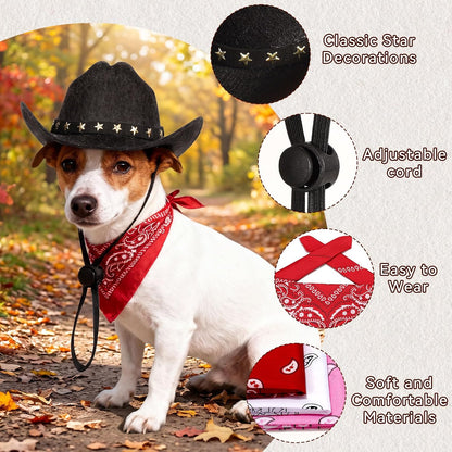 Pet Cowboy Costume, Dog Cowboy Hat with Bandana Scarf, Adjustable Cat Cowboy Hat for Party Cosplay Christmas, Halloween Cowboy Costumes for Small Pet Dogs Cats (Black, Small)