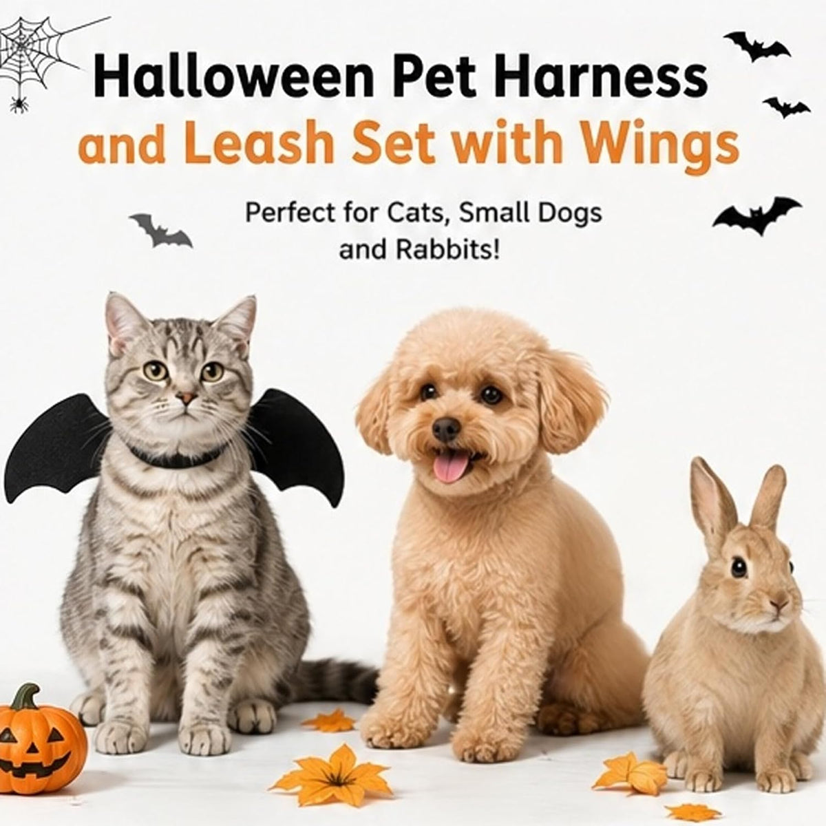 Halloween Bat Wing Pet Harness & Leash Set with Pumpkin Bell, S