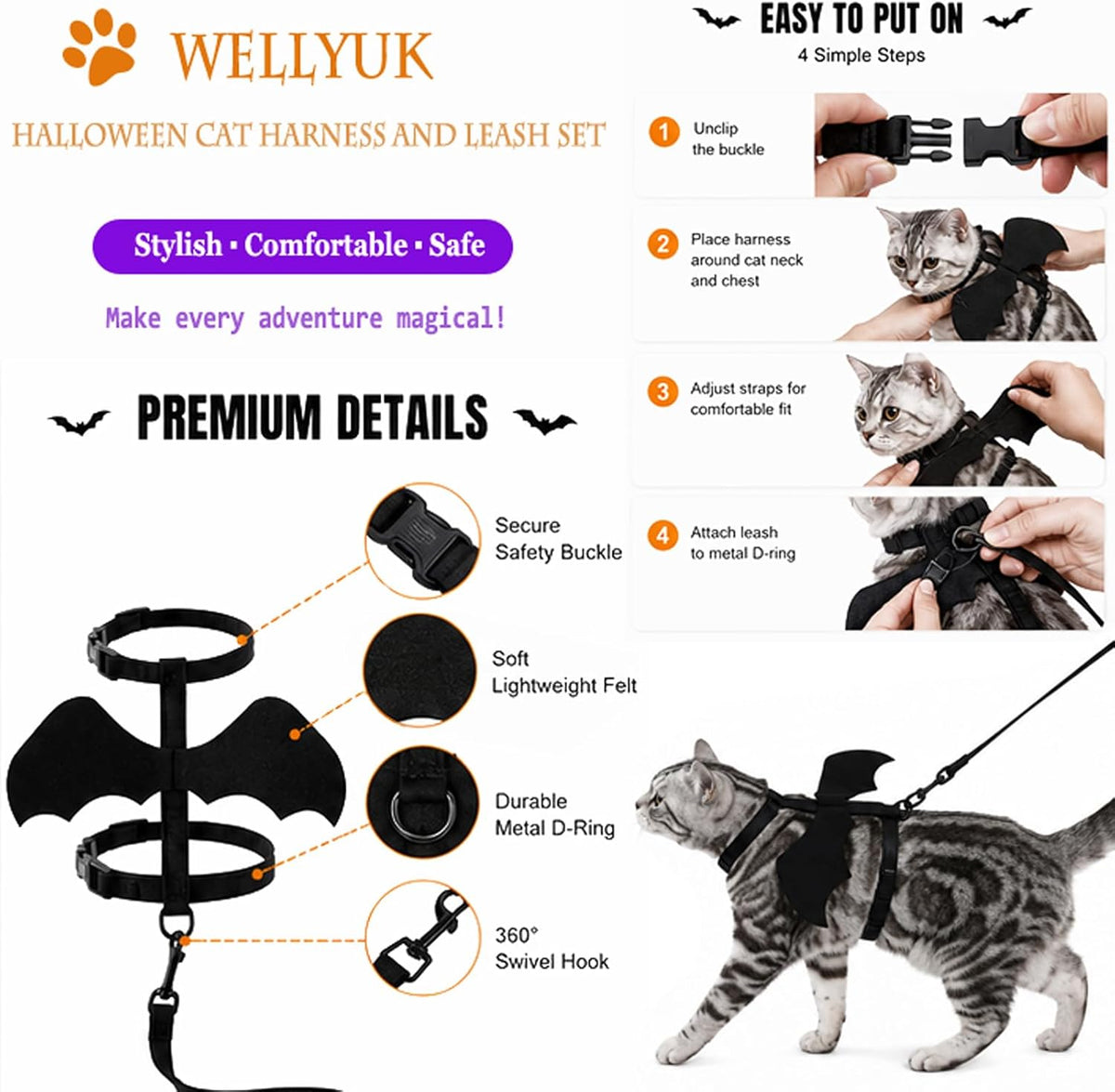 Halloween Bat Wing Pet Harness & Leash Set with Pumpkin Bell, S