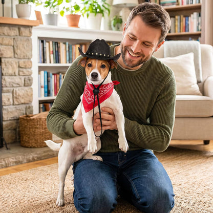 Pet Cowboy Costume, Dog Cowboy Hat with Bandana Scarf, Adjustable Cat Cowboy Hat for Party Cosplay Christmas, Halloween Cowboy Costumes for Small Pet Dogs Cats (Black, Small)
